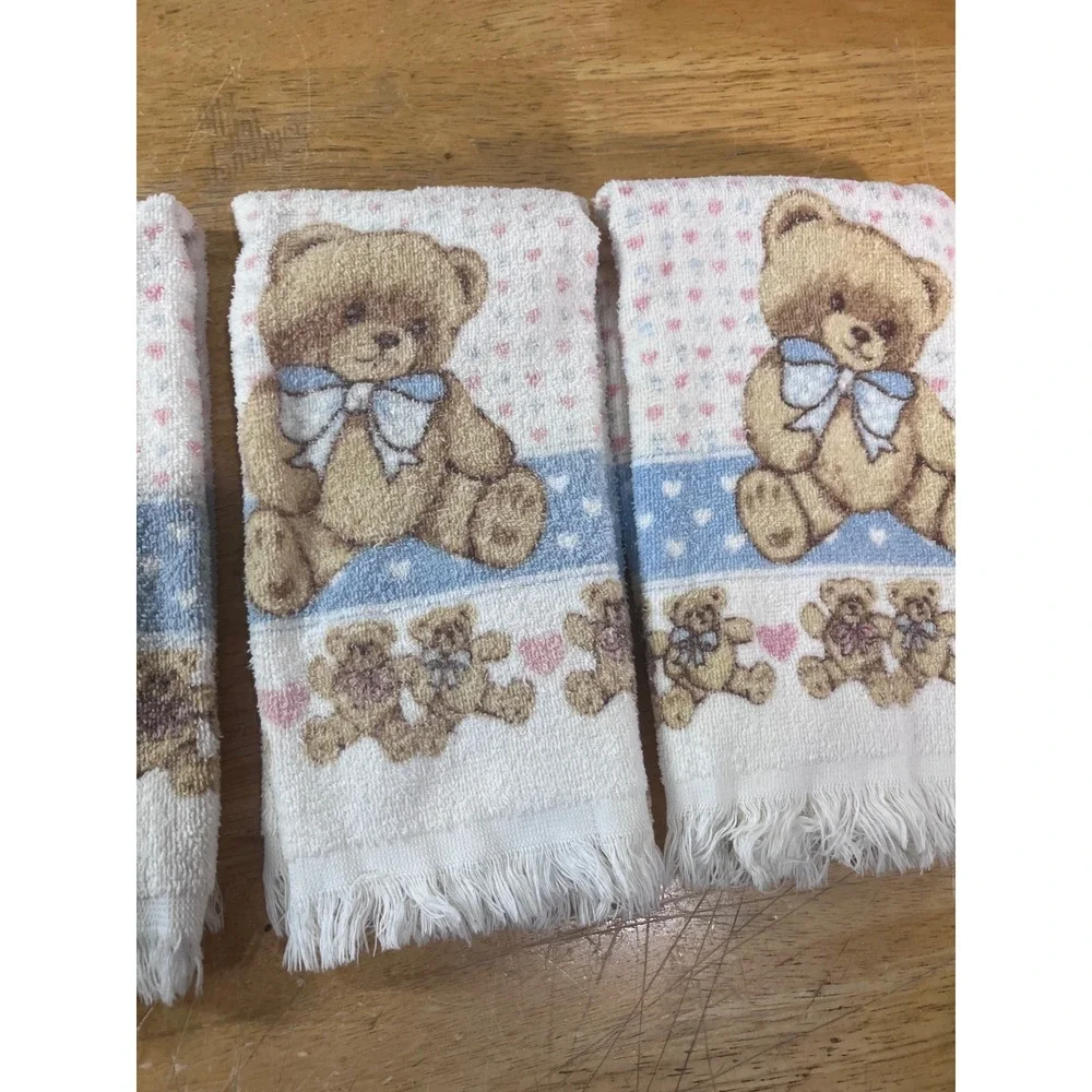 Vtg Cannon Teddy Bear Hand Towels Set of 3 Blue Pink Hearts Fringe Made in USA